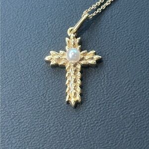Tiffany & Co. 18k Gold Cross Necklace with Pearl and Gold Chain